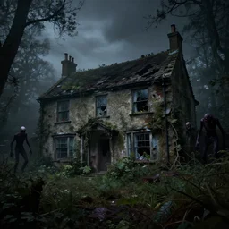 photorealistic, ruined english bungalow at night, overgrown vegetation, in the forest, apocalypse, very dark, fog, skinny evil creatures, hell scape, horrifying, hyperrealistic, grimdark, artstation