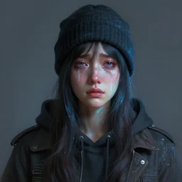 portrait of a crying ai artist, detailed clothing, beanie, concept art, artstation, detailed luminescent digital painting by alan lee and artgerm johanna martine margaret keane!!!!!!!!!!, exquisite masterpiece