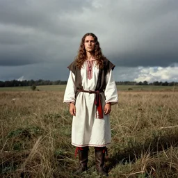 pagan standing in a field with traditional pagan Halloween cosrume with dark clouds in the sky, photo journalism, photography, cinematic, national geographic photoshoot, vintage photo