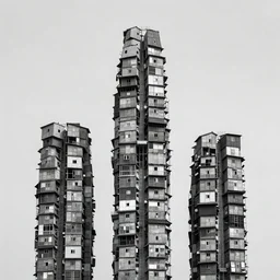 high towers made up of stacked makeshift squatter shacks, mamiya, 8 5 mm, uniform plain sky, fine details, photographed by michael wolf