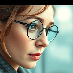 cinematic mid shot of a high detail, woman's face looking off camera, with round glasses. where's wally, line drawing by van gogh