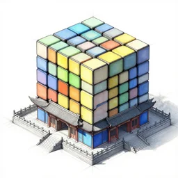 architectural drawing, ancient chinese architecture, rubix cube house concept, rubix cube by by gabe kralik, artstation, fine detail