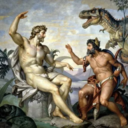 Michael Angelo's Creation of Adam with dinosaurs instead of people