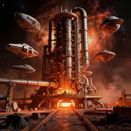 a warm colours, high contrast dark hyperreal deep space dock mining platform with massive piping inspired by nuclear reactor core maschinen krieger mri machine, chris foss, peter elson, millennium falcon space - station vuutun palaa submarine, space - station vuutun palaa, ilm, beeple, star citizen halo, mass effect, starship troopers, elysium, the expanse, iron smelting pits, high tech industrial, dramatic nebula sky, volumetric lighting