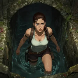 an extremely fed up Lara Croft wading through an ancient sewer, creepy shadows