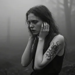 still from a homemade video of some melancholy as lars von trier would depict it, she is 2 3, skinny and beautiful and listens to oathbreaker, she has a gorgon tattoo on her arm, she is full of hatred, photo, black and white, the background is unsafe, insanely detailed, elegant and otherworldly, foggy like in norwegian black metal aesthetic
