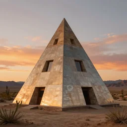 modernist pyramid designed by frank lloyd wright, desert sunset, photograph, 4 k, surreal
