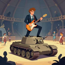 peter capaldi doctor who playing an electric guitar on top of a tank inside a viking arena, clean cel shaded vector art. shutterstock. behance hd by lois van baarle, artgerm, helen huang, by makoto shinkai and ilya kuvshinov, rossdraws, illustration