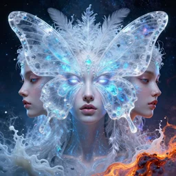 3 d goddess butterfly face portrait, face in the center, bioluminescent, beautiful transculent intricate highly detailed quetzalcoatl feathers. ice, galaxy, plasma, lava, milk, artwork by tooth wu and wlop and beeple and greg rutkowski, 8 k trending on artstation, volumetric lighting