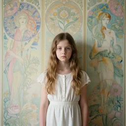 a beautiful young girl in front of a wallpaper by ernst haeckel, daguerreotype by edward hopper, by henri rousseau, by Bosch, art noveau, highly detailed, strong lights, liminal, eerie, Bright pastel colors, octane render, 8k,