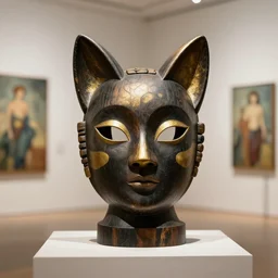 3 d octane render ultra 8 k photorealistic hyperdetailed unreal engine, a wooden sculpture, art toys on a pedestal, a very cute mystical mask of the bohemian with cat's ears in a zen rebelle black gold, concept art, trending on cgsociety, artwork masterpiece, in a contemporary art gallery in neo paris by alphonse mucha