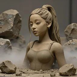 professional photo shot of a ariana grande made of clay, rocks in the background, surrounded by of fog, grimy, gritty, trending on artstation, award winning, close shot, by aleks labuda and barry webb