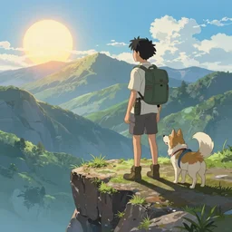 anime drawing of an adventurer in the begining of its journey togueter with his dog. near a precipice. the sun and mountains in the background.