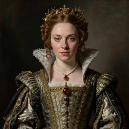 renaissance oil painting of katniss everdeen as the queen of england