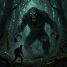 A scary wendigo creature about to hunt a man in a dark forest, eerie, scary, horror, digital art, artstation, WLOP, Mandy Jurgens