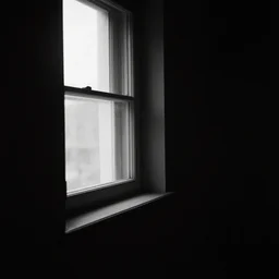 volumetric light coming into dark room through window, black and white, cinematic, moody