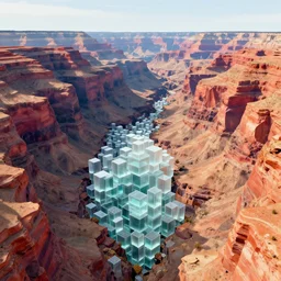 canyon made from voxels, microcubes, made of translucent frosted glass, colors, substance painter 3D, 8K VFX render