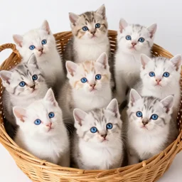 one hundred kittens with blue eyes in a basket