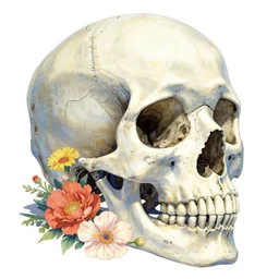 ortographic view of a large techno skull and vivid flowers by Jen Bartel and Dan Mumford and Satoshi Kon, gouache illustration