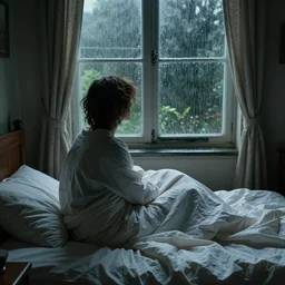 on a rainy day, someone in home sits in bed, curled up under the covers, watching the rain outside the window, cinematic, artstation, extremely detailed, intricate, cinematic lighting, art by pierre - auguste renoir