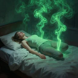 a woman floating abover her bed at night, astral projection, green smoke!!!! surreal concept art, lifelike, photorealistic, digital painting, aesthetic, smooth, sharp focus, artstation hd, artgerm and by greg rutkowski, bruce pennington, valentina remenar, rhads, asher duran,