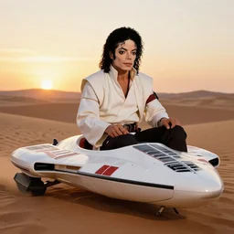 michael jackson, as luke skywalker, with his landspeeder, beautiful tatooine desert at sunset, michael jackson is 1 6 years old and normal looking and handsome, not wearing any makeup