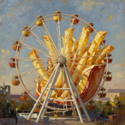 a ferris wheel made of french fries, realistic oil painting