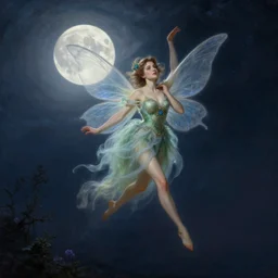 attractive fairy magically floating high in the night, fantasy, full moon in background. highly detailed painting by gaston bussiere, craig mullins, j. c. leyendecker, sharp focus, 8 k