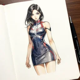 beautiful aesthetic inspirational masterful professional ink pen and watercolor sketch of a japanese girl posing in minidress, marvel style, concept art, fine details, trending on artstation, high quality paper, instagram photo