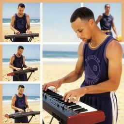 vintage magazine collage, of steph curry playing synthesizer on the beach