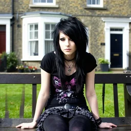 a photograph of an emo goth girl sitting on a bench in front of a British house on a hot day, 2006, black hair