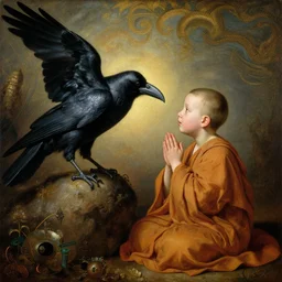 highly detailed potrait of cunning buddhist monk kid worshipping giant crow as god praying in baroque style, painting by gaston bussiere, craig mullins, j. c. leyendecker, lights, art by ernst haeckel, john william godward, hammershøi,