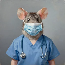 A portrait of a mouse wearing scrubs and a face mask, oil painting