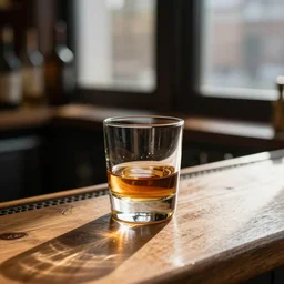 a glass of whiskey on a wooden bar top with shafts of light coming from a window out of shot, dslr, caustics