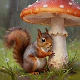 a squirrel hiding from the rain under a mushroom, very detailed, artstationhq, trending on artstation, oil painting by alexander roslin, emotional, cute, 4k
