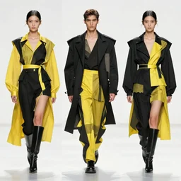 brutalist fashion incorporating black and yellow, fashion show, studio lighting, concept art