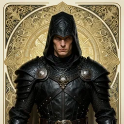 head-on symmetrical centered painted portrait, male orc assassin, black leather armour, art nouveau, tarot card style, complex fractal tarot card background, fantasy, intricate, elegant, highly detailed, smooth, sharp focus, illustration, artstation, in the style of Artgerm and Anna Podedworna and Alex Ross and Mucha