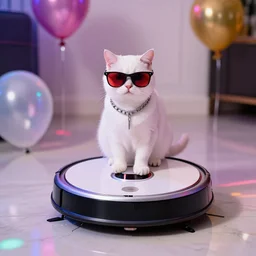 white cat wearing sunglasses, cat sitting on top of roomba, roomba, reflective marble floor, disco party lights, red tinted sunglasses, cat wearing chains, balloon