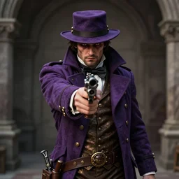 mysterious figure in a purple coat holding a revolver at the camera, ultra detailed, 8k, steampunk