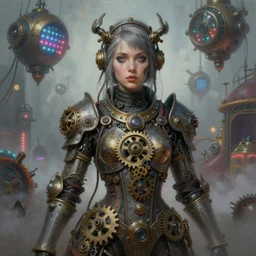 by tom bagshaw, ultra realist vivid soft painting of a carnival of curiosities, single curvy flirt etheral young steampunk female in a full ornated armor gears, photorealistic facial traits, 3 d octane render eyes, cables, led, flying machinery, partial symmetry accurate features, very intricate details, focus, award winning, ultra dense fog