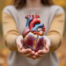 autumnal colours, woman holding an anatomically correct heart in her hands