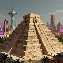 Aztec Pyramid googie architecture in 1965 a retro futuristic aztec city, neon signs and googie style apartments highly detailed, digital painting, artstation, concept art, sharp focus, illustration, in style of Eddie Mendoza and DOFRESH and Enzhe Zhao and Greg Rutkowski