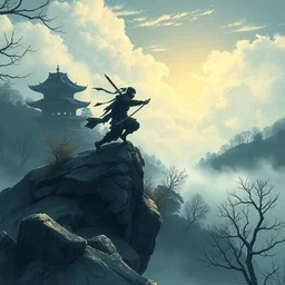 ninja, hovering above foggy lake, trending on artstation, manga style 4 k