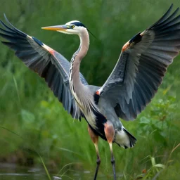 portrait of a majestic blue heron spreading his wings, lush green background, digital painting, extremely detailed, 4k, intricate, brush strokes, Mark Arian, Artgerm, Bastien Lecouffe-Deharme