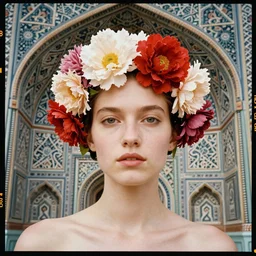 kodak portra, 8 k, soft light, fine art portrait photography, face neck shoulders, flower crown, fashion photography, background fractal muqarnas, maxfield parrish, camille vivier, moebius, james jean, yoji shinkawa, odilon redon, gaston bussiere, eugene grasset, janis rozentals
