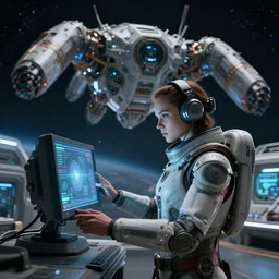 girl in the sci - fi heavy suite with monitor in hands, deep space, landing gear, avatar, by fausto de martini, cinematic keyframe, by wadim kashin, ultra realistic, cinematic light, ue 5, featured on artstation, octane render, sharp focus, ray tracing, cinematic 8 k.
