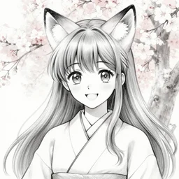an sketch art of a beautiful girl with fox ears wearing kimono at a sakura tree by naoko takeuchi, manga, cheerful smile, black and white, oc commission, face sketch, pencil sketch, high quality, highly detailed, long hair, illustration, pinterest