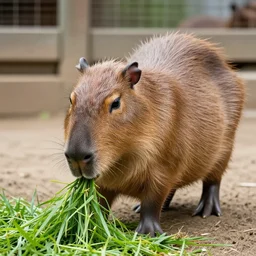 picture of a capybara at a farm eating grass, hd, professional photograph, photorealistic