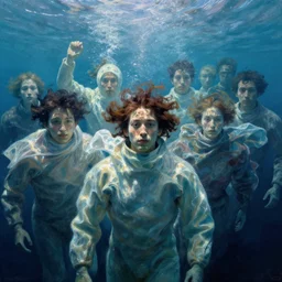 crowd of people underwater wearing suits and flowing cloths, portrait face, caustics, light rays, in the style of matt murphy, enes dirig, jeremy enecio, intricate, miles johnston, monet, cynical realism, john william godward, painterly, yoshitaka amano, miles johnston, louise zhang, matt murphy, enes dirig, pekka halonen, finnish naturalism, realism
