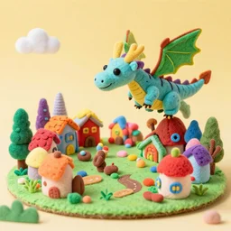 handmade diorama made of felt, clay, sewn, crochet!!!! of dragon!!!! attacking!! a village, vibrant, colorful, cute, primary color palette, dragon!! hd image